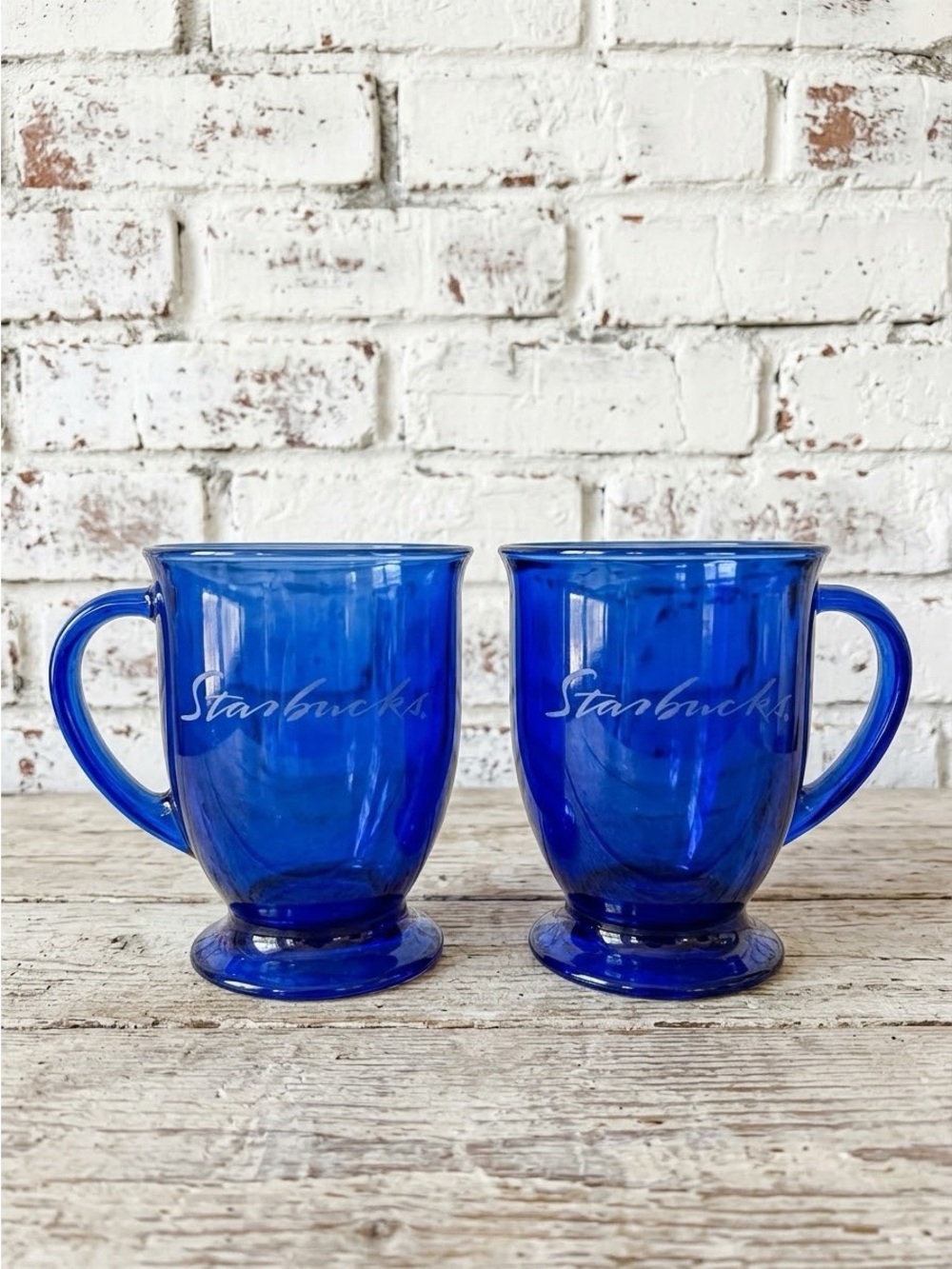 Vintage 90s Starbucks Cobalt Blue Glass Pedestal Mugs Set 2 Anchor Hocking 16 oz